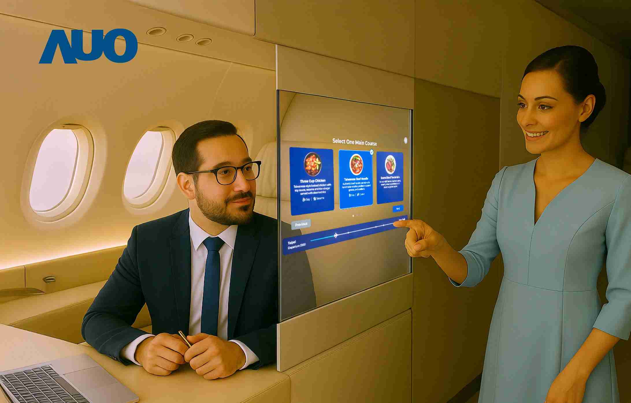 EBpay研发全球最薄17.3 吋双面透明 Micro LED 显示器，，，，可在同一屏幕之双边投射不同信息，，创造独特的”透明化”互动；图为实时翻译交流应用情境